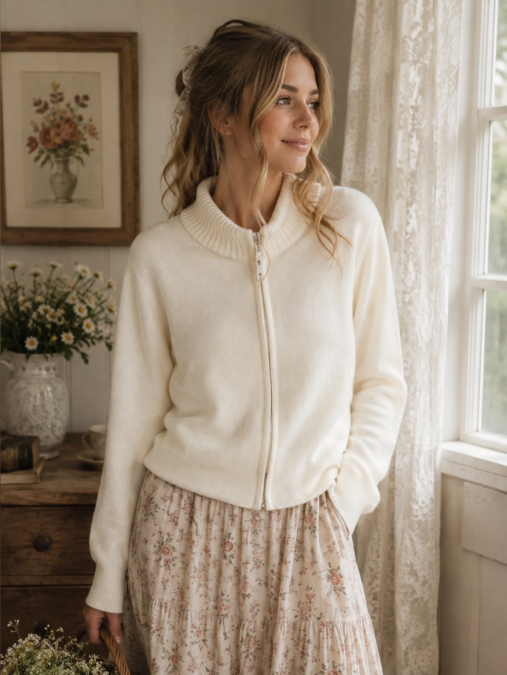 Vintage Tradition Cream Zip-Up Sweater — XL
